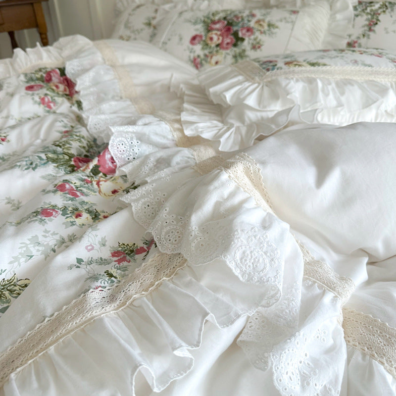 French Rose Cotton Bedding Set – Soft Ruffles & Lace