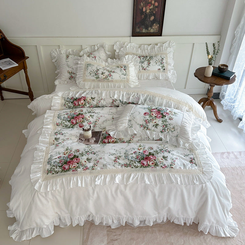 French Rose Cotton Bedding Set – Soft Ruffles & Lace