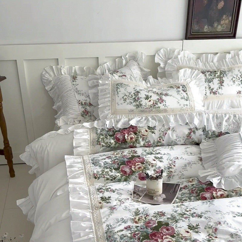 French Rose Cotton Bedding Set – Soft Ruffles & Lace
