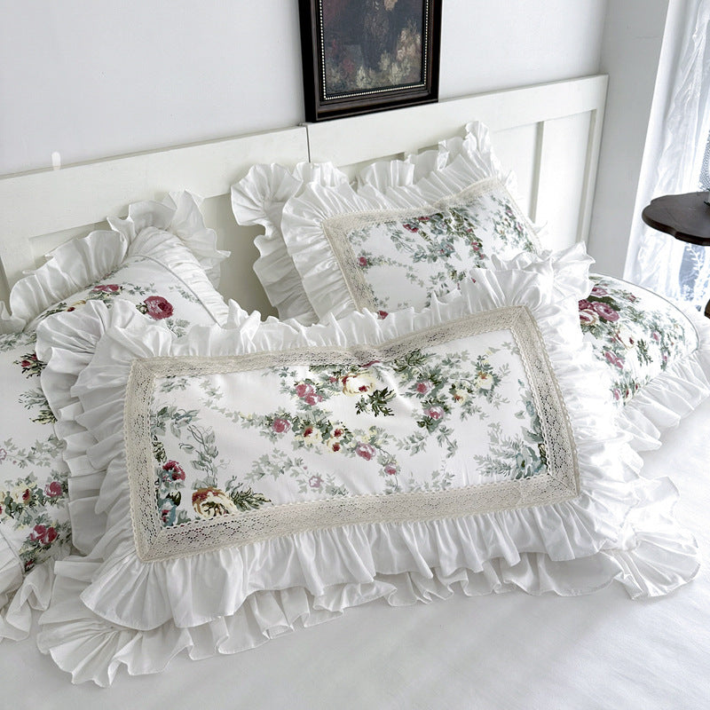 French Rose Cotton Bedding Set – Soft Ruffles & Lace