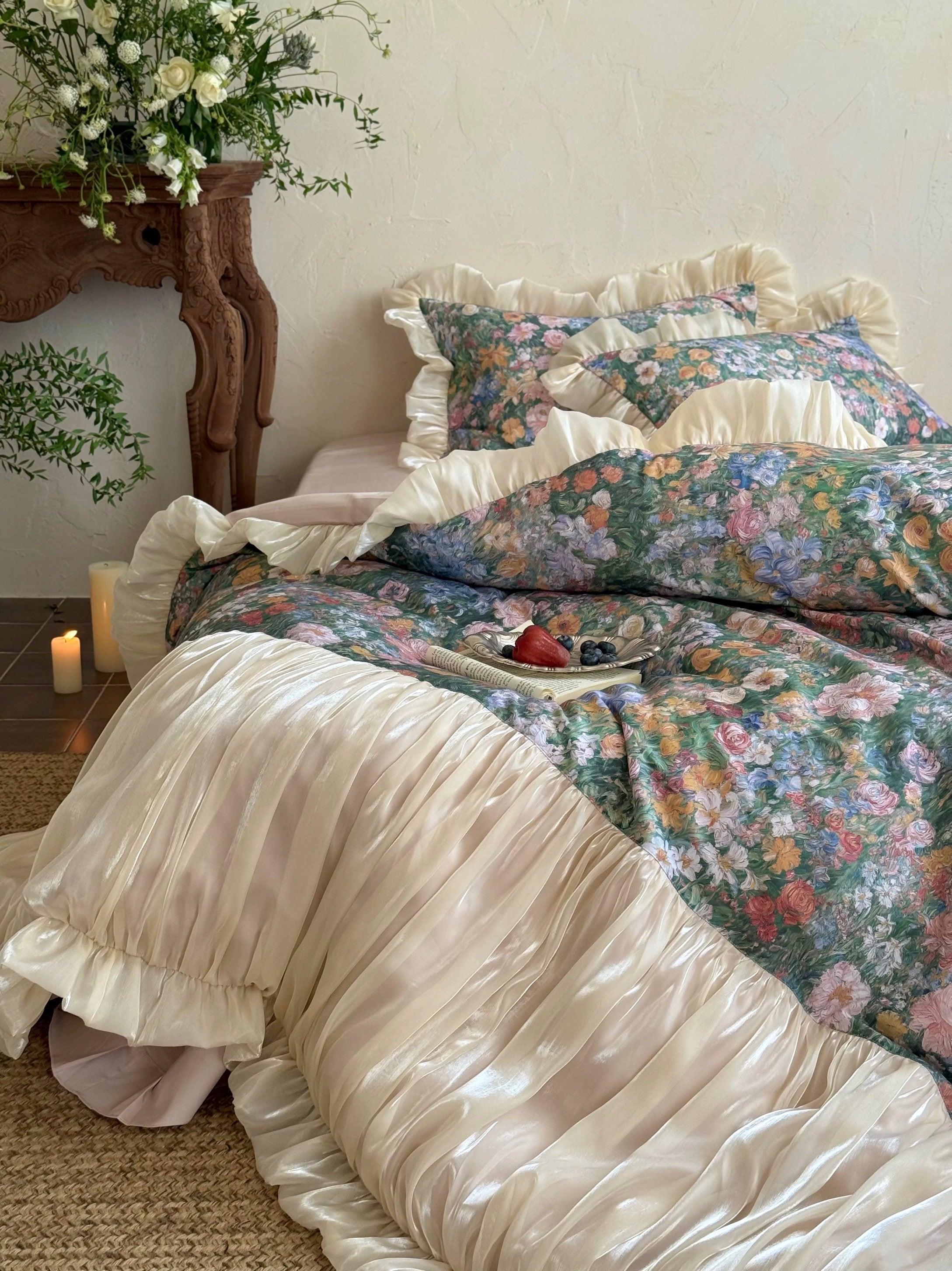 Oil Painting Floral Ruffle Cotton Bedding Set