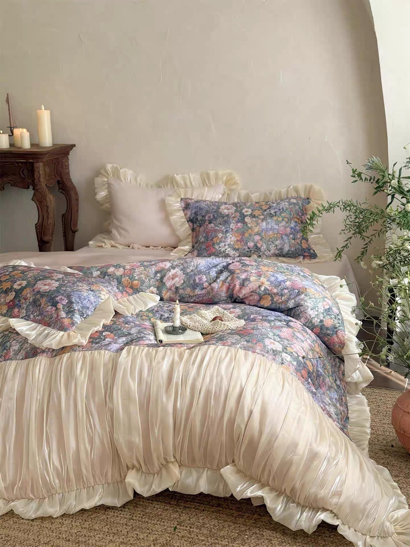 Oil Painting Floral Ruffle Cotton Bedding Set Purple