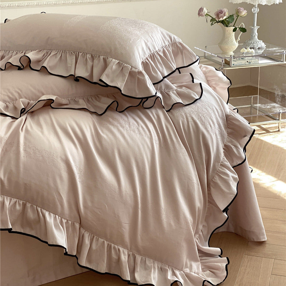 Satin Ruffle Bedding Set – 100s Cotton with Black Trim