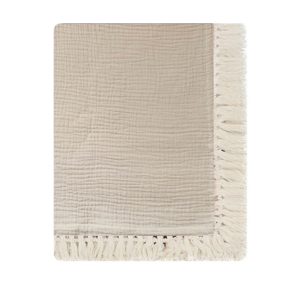 Fringe Cotton Muslin Baby Blanket Khaki