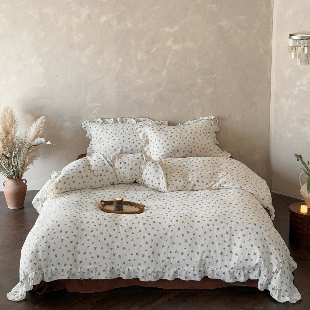 Vintage Floral Duvet Cover Set – Ruffled Cotton Gauze
