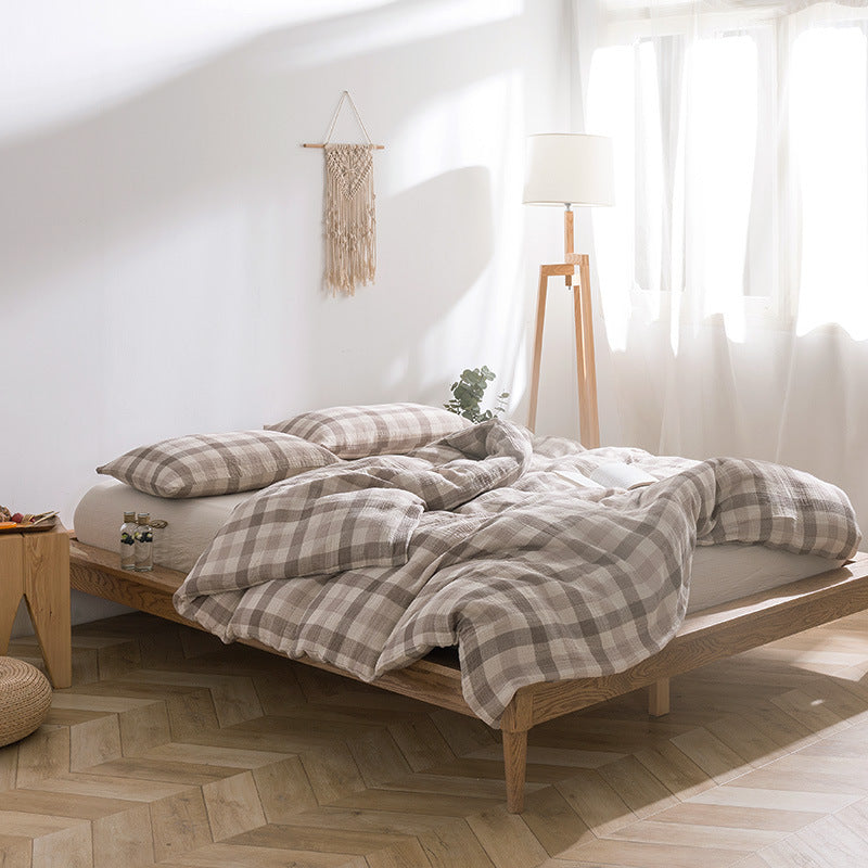 Plaid Cotton Gauze Bedding Set – Soft & Airy Comfort Beige