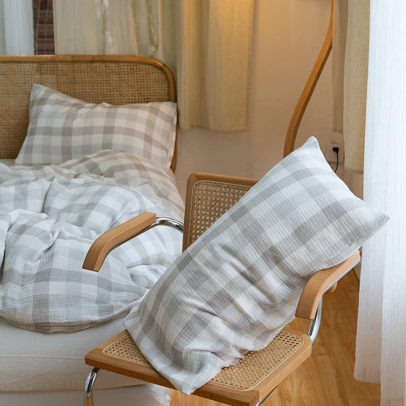 Plaid Cotton Gauze Bedding Set – Soft & Airy Comfort Light Grey