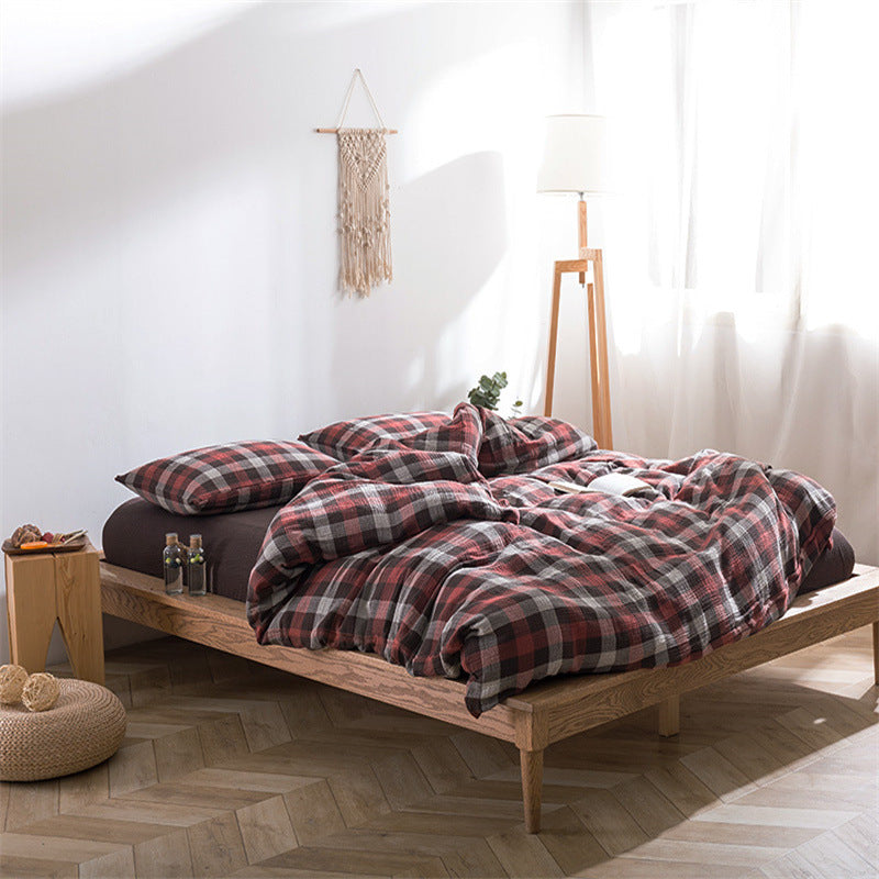 Plaid Cotton Gauze Bedding Set – Soft & Airy Comfort Red Coffee