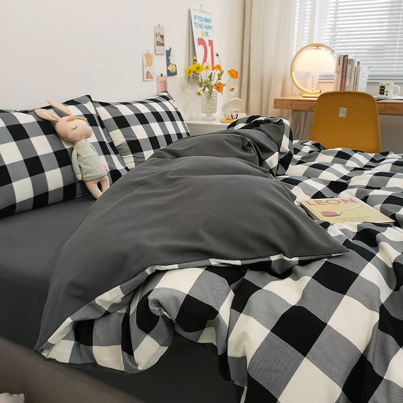 Gingham Plaid Duvet Cover Set Black