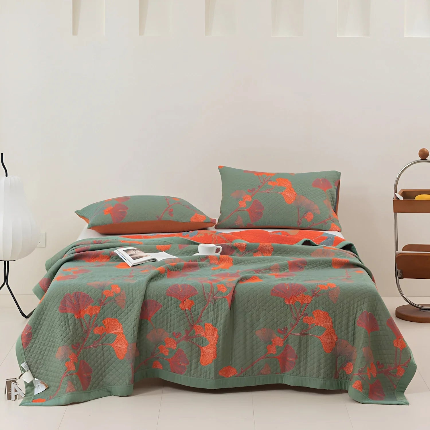 Orange Bloom Ginkgo Quilt Bedding Set Full