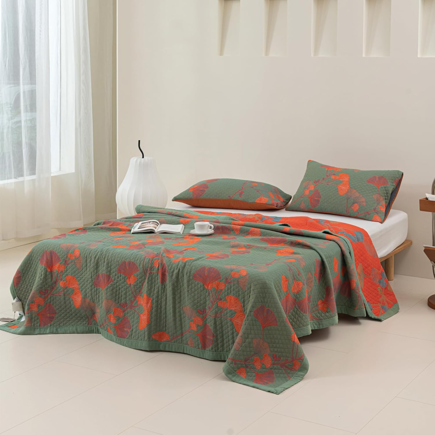 Orange Bloom Ginkgo Quilt Bedding Set