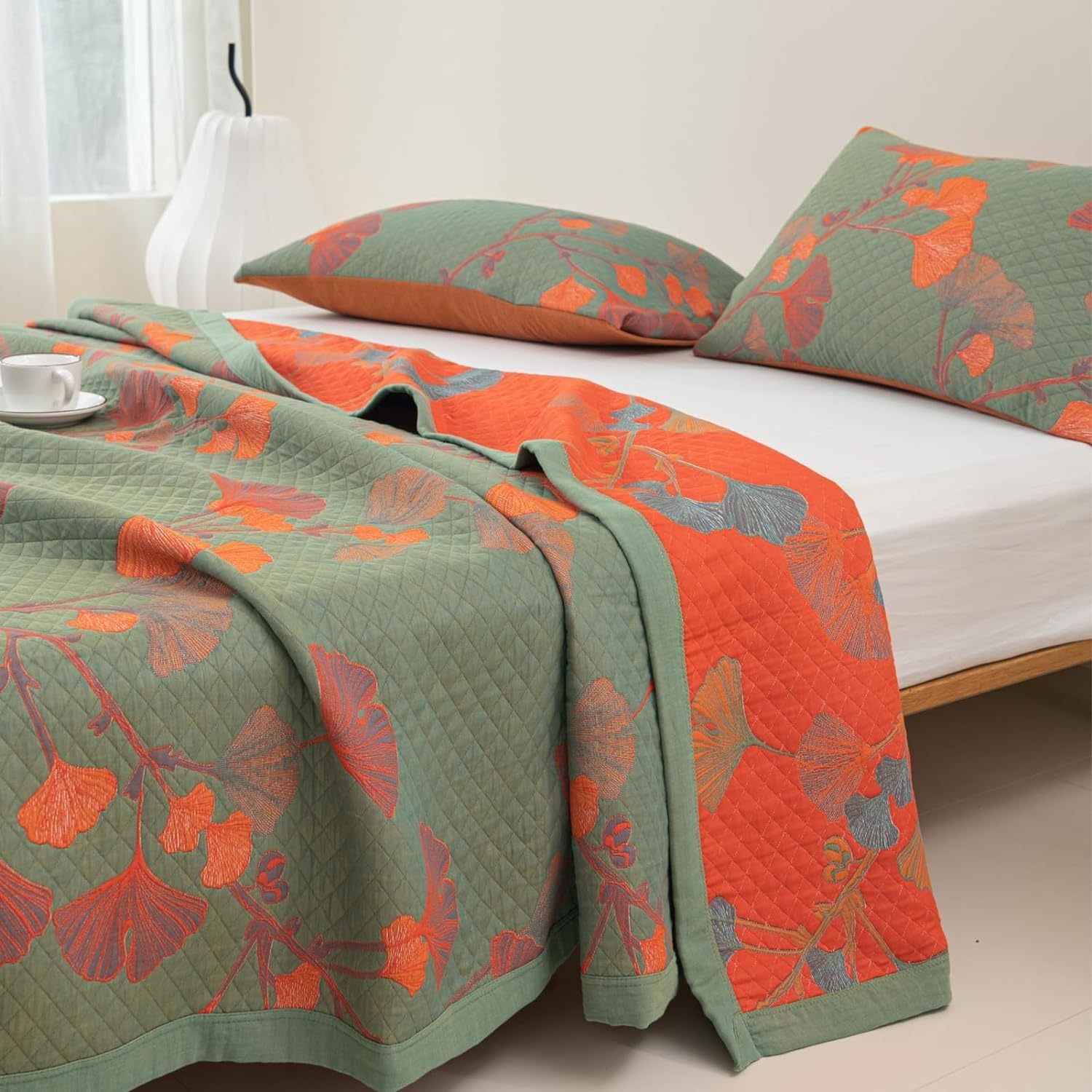 Orange Bloom Ginkgo Quilt Bedding Set King