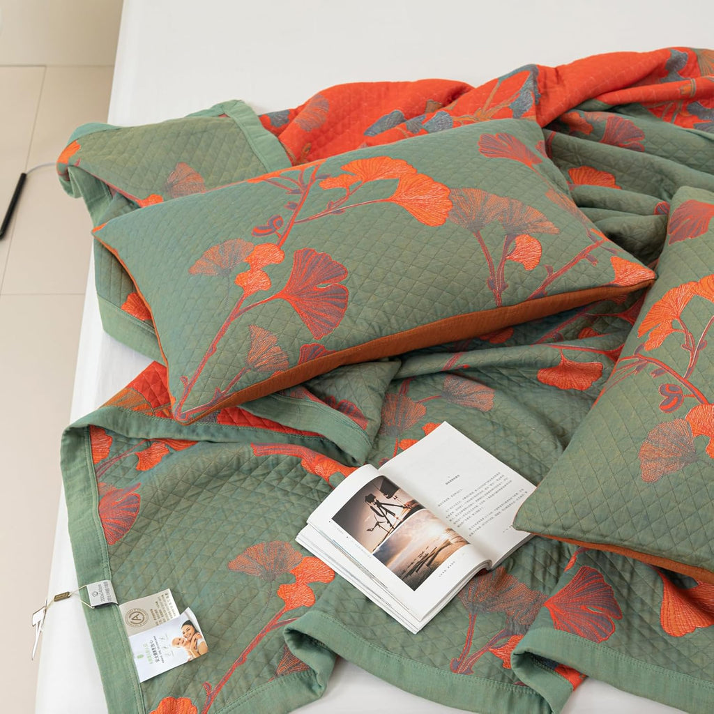 Orange Bloom Ginkgo Quilt Bedding Set