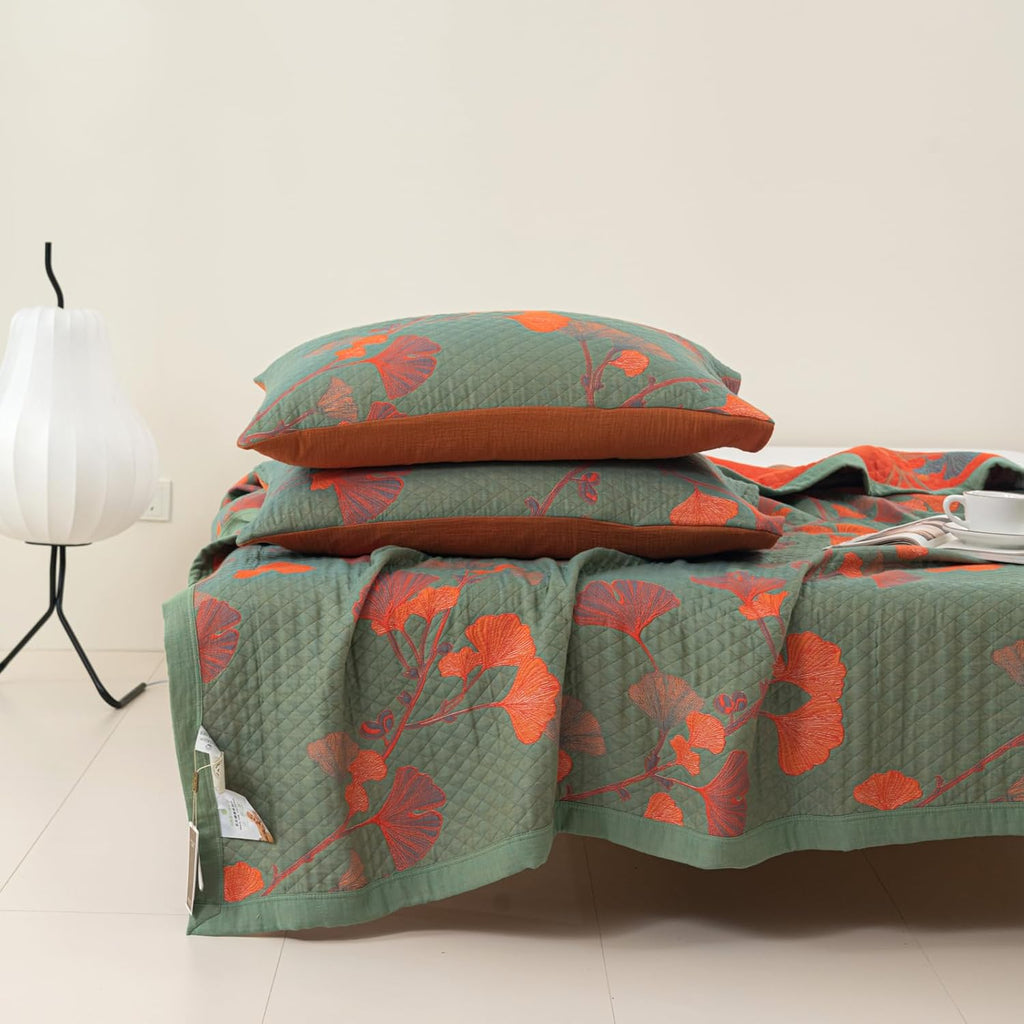 Orange Bloom Ginkgo Quilt Bedding Set