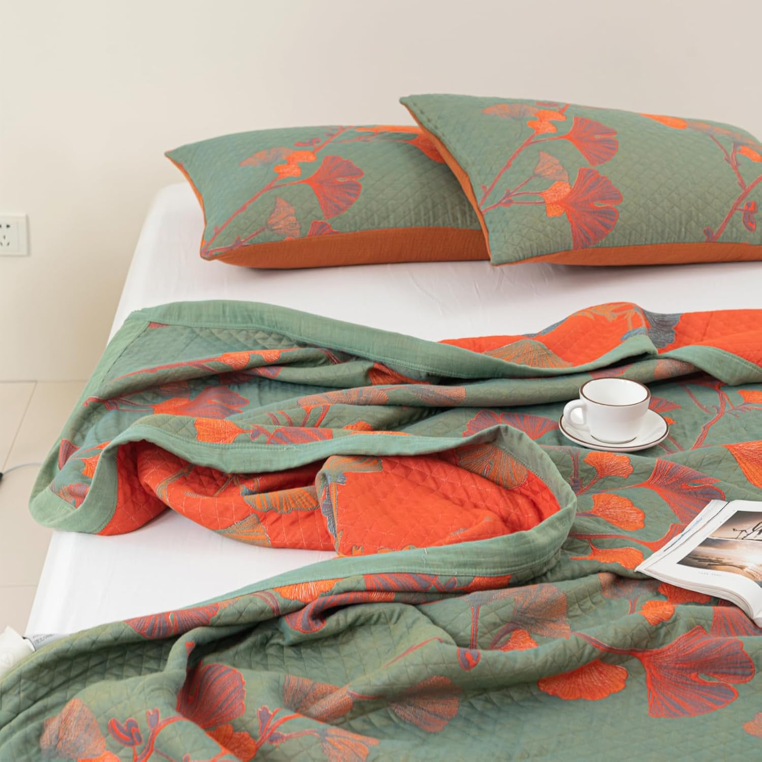 Orange Bloom Ginkgo Quilt Bedding Set