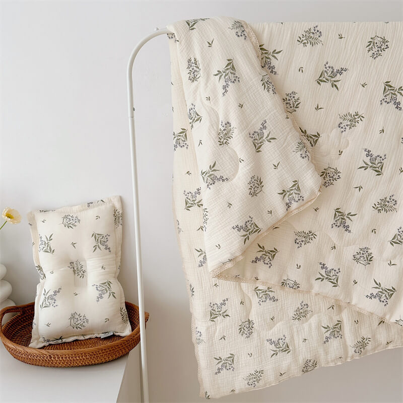 Botanical Vine Toddler Comforter – Cotton Muslin with Lace Trim