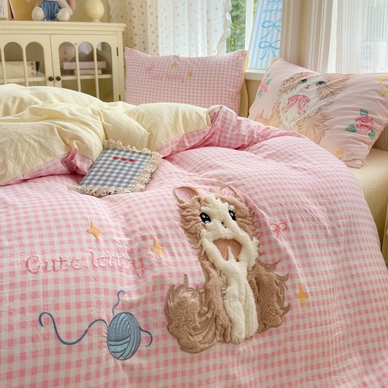 Cute Kitty Pink Gingham Bedding Set
