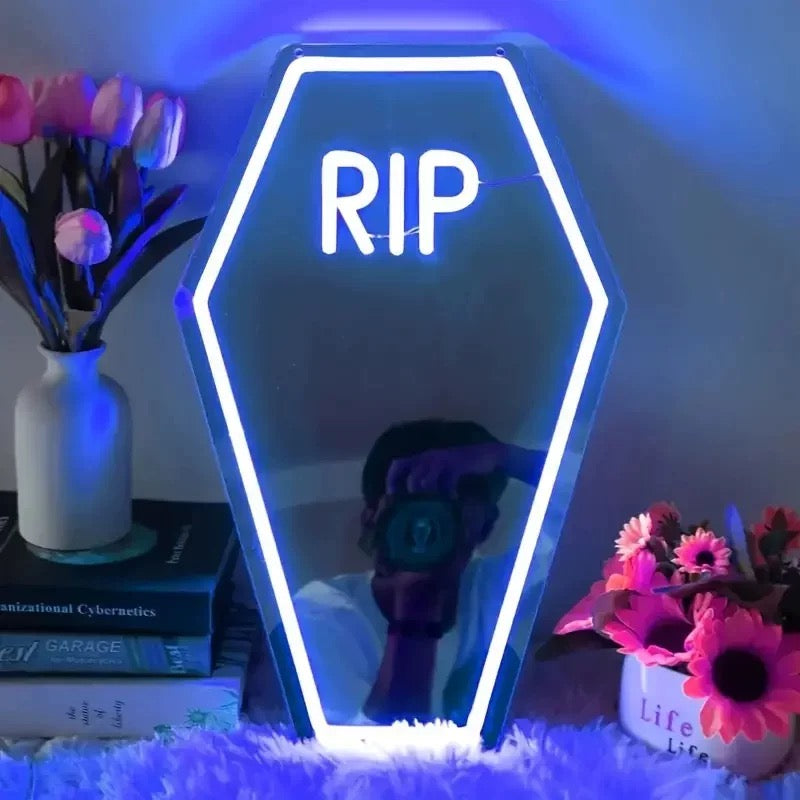Coffin Neon Mirror Sign Blue