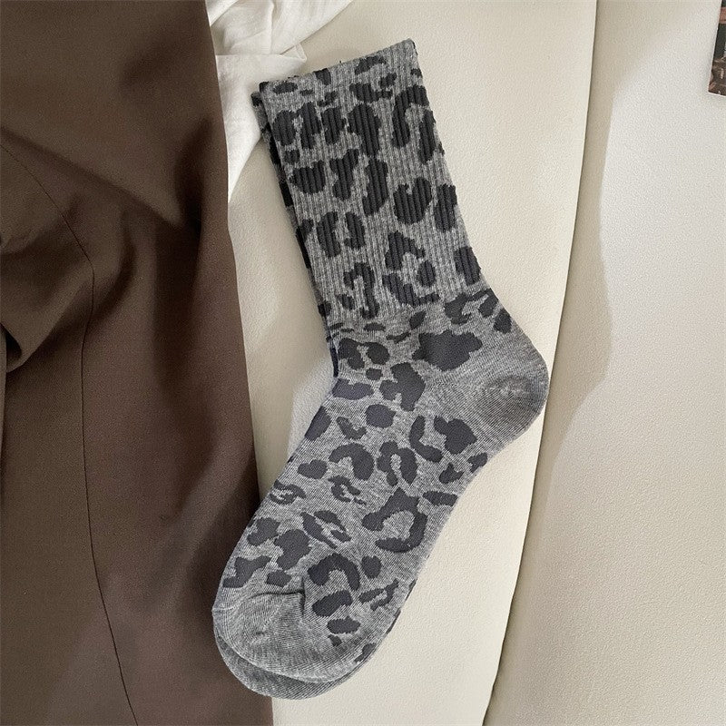 Women's Leopard Print Crew Socks Gray Black One Size (Women)