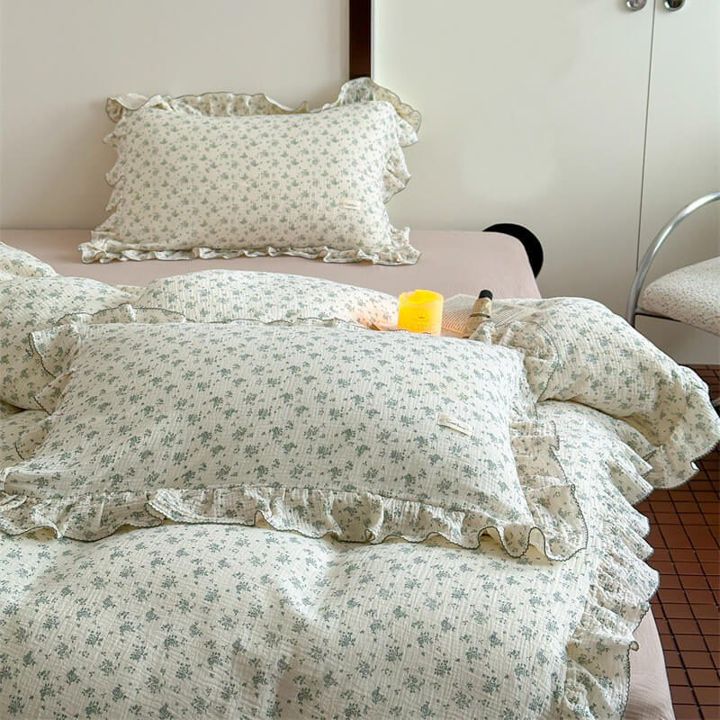 Green Floral Ruffle Bedding Set – Vintage Cotton Muslin