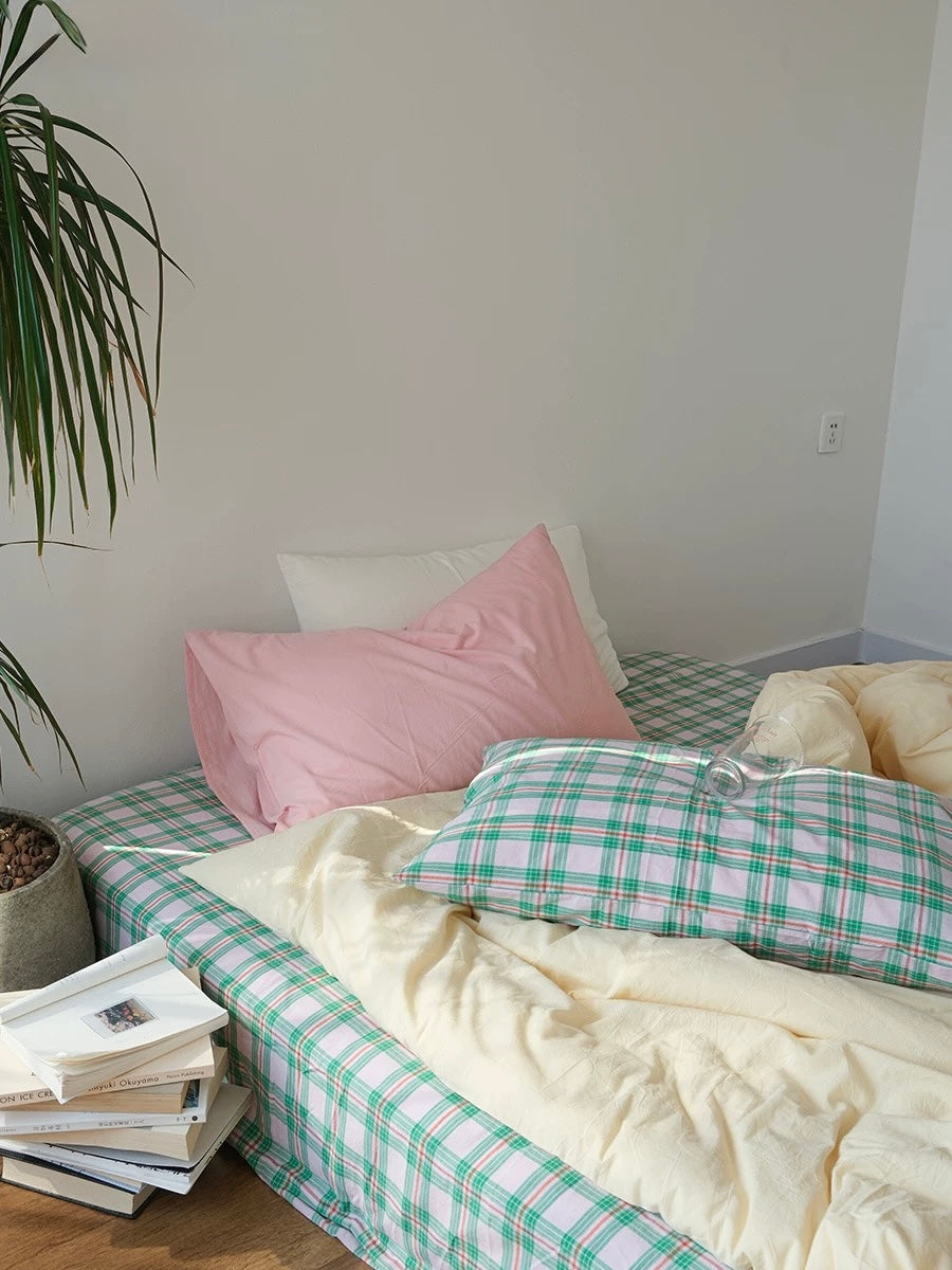 Pink & Mint Green Plaid Duvet Cover Set