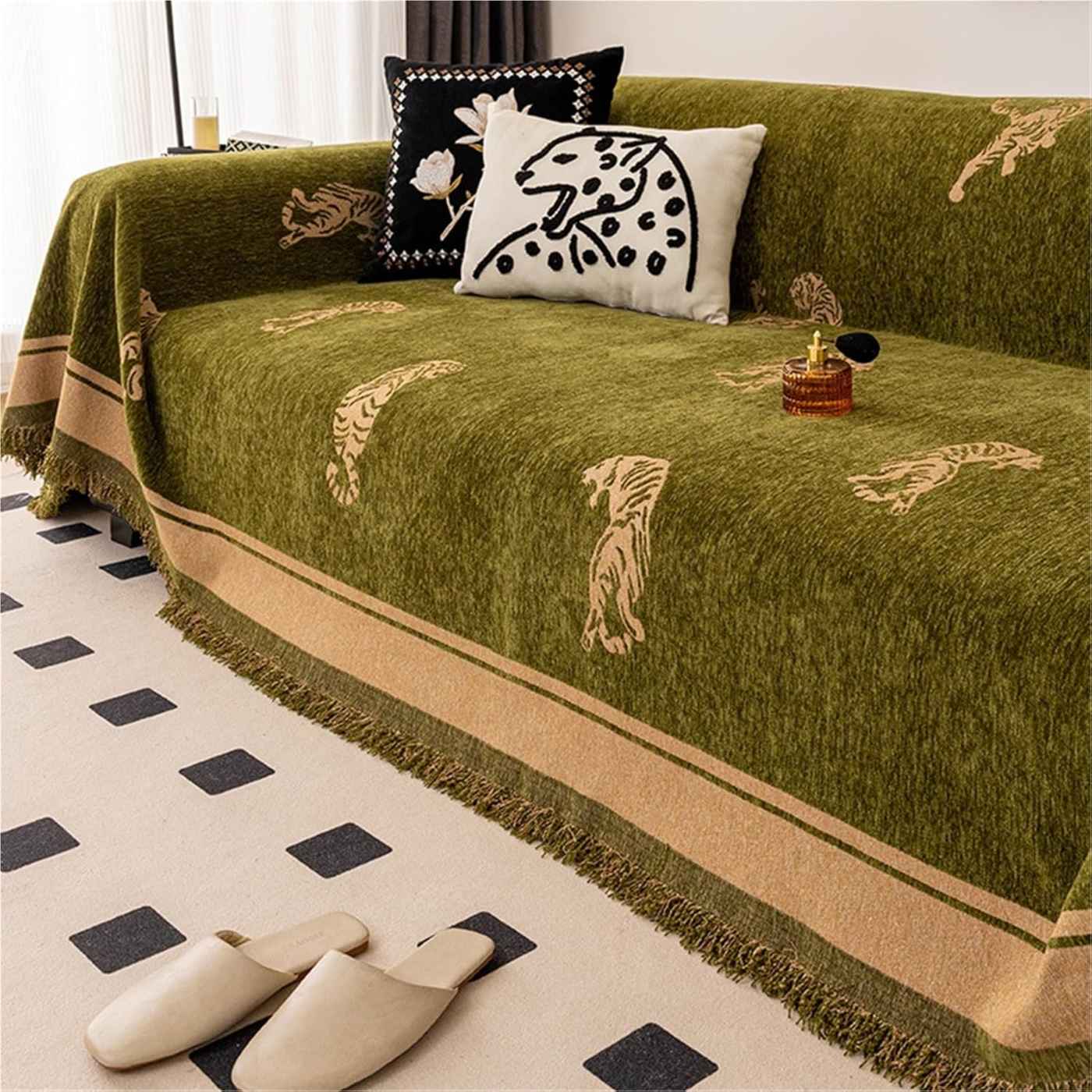 Savannah Tiger Chenille Sofa Cover Green