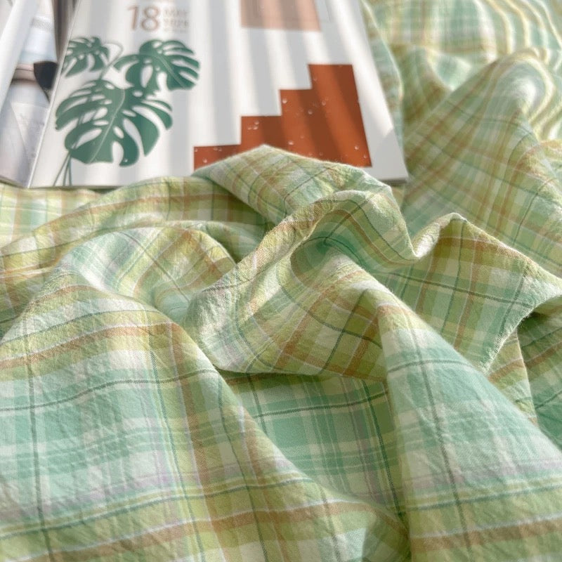 Pastel Green Plaid Cotton Duvet Cover Set