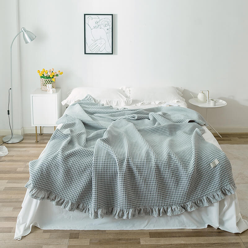 Cotton Waffle Blanket with Ruffle Edge – Soft & Breathable Throw Light Grey