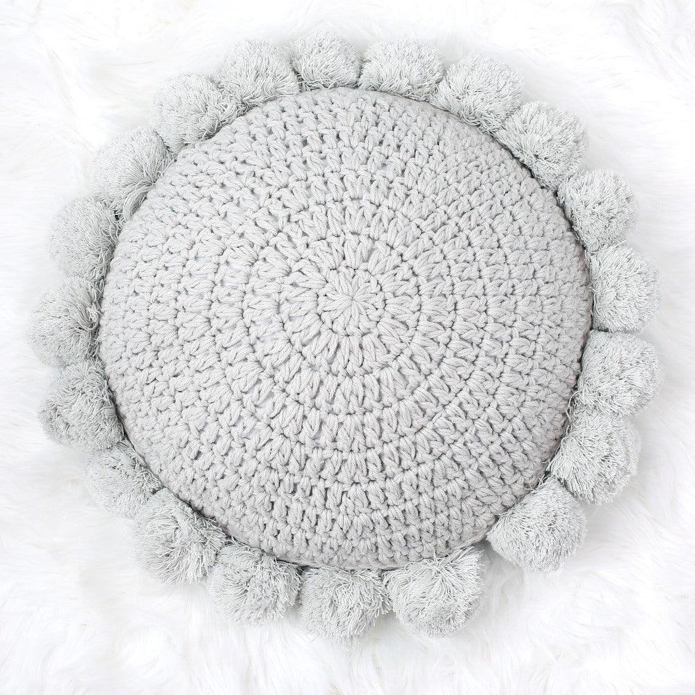 Knitted Round Pompom Pillow Grey