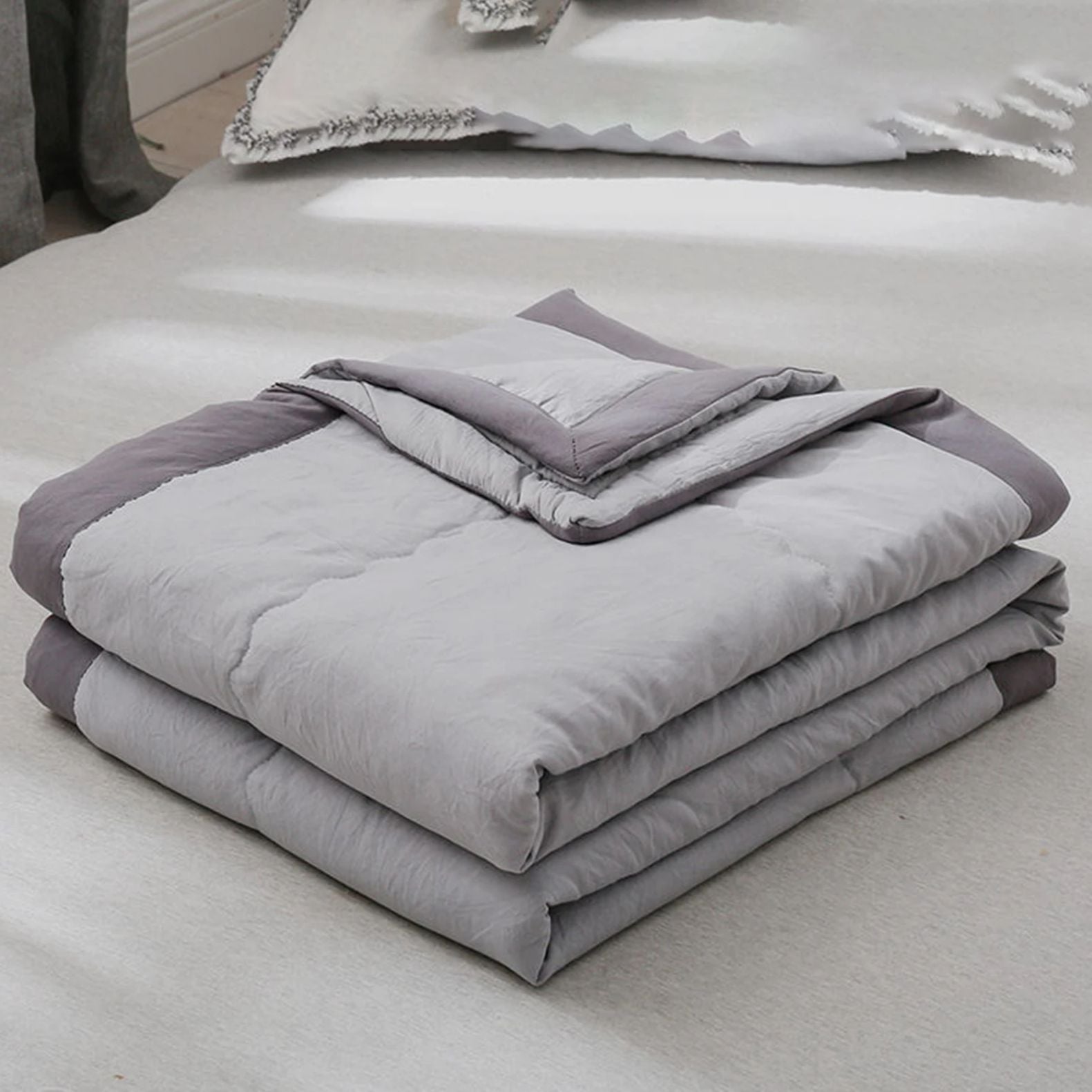 Cotton Quilt Blanket - Solid Color Bedding Light Gray