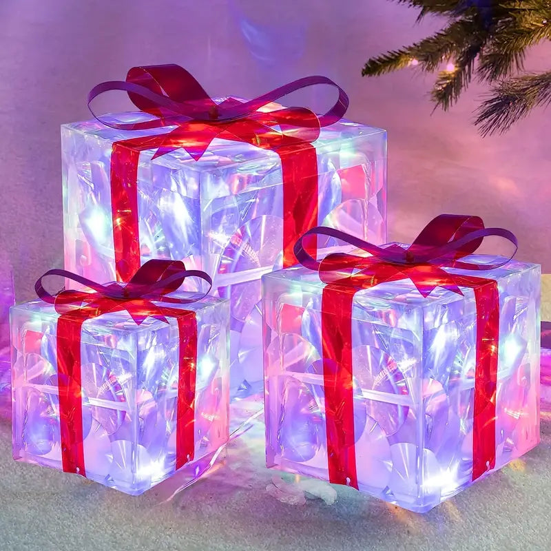 Holly Jolly Boxes™ - Set Of 3 Christmas Light Gift Boxes Decoration Twinkle Wrap (Set Of 3)