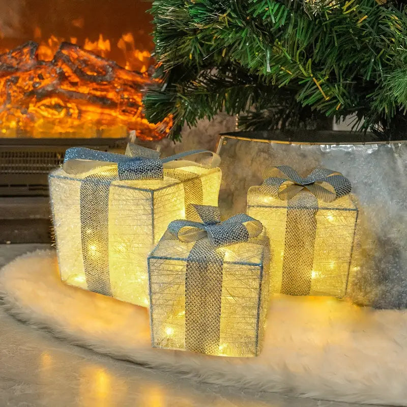 Holly Jolly Boxes™ - Set Of 3 Christmas Light Gift Boxes Decoration Sparkle Stash (Set Of 3)