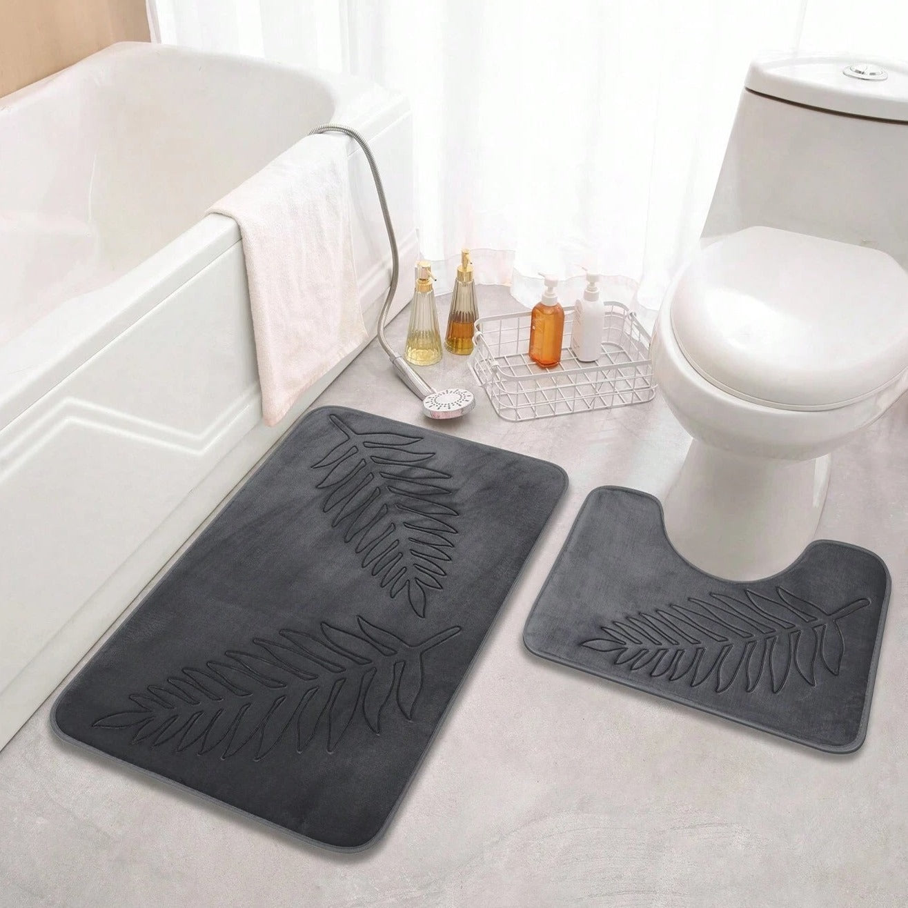 Lush Leaf Comfort Bath Mat Set - 2Pcs Charcoal Chic