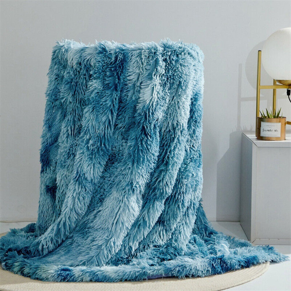 Fuzzy Faux Fur Blanket Throw Ocean Blue