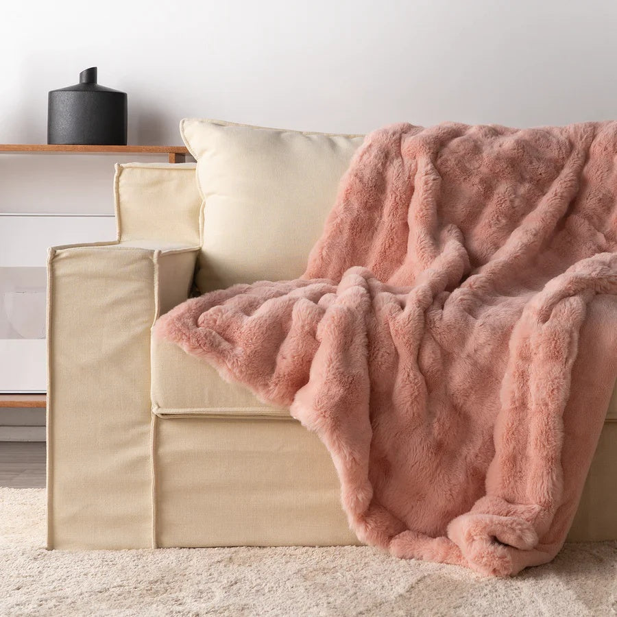 Rabbit Faux-Fur Blanket Throw Rose Blush