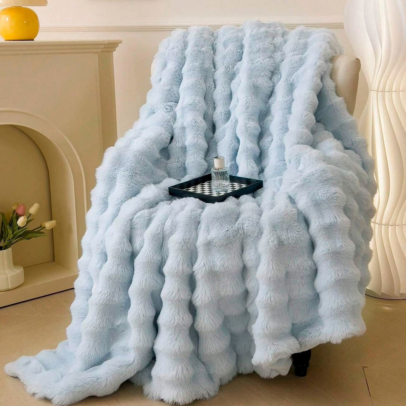 Rabbit Faux-Fur Blanket Throw Cozy Blue