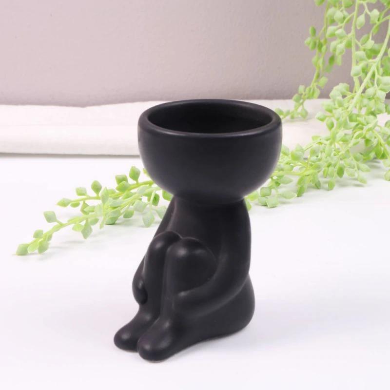 Petite Person Clay Succulent Planter Hugging Knees Black