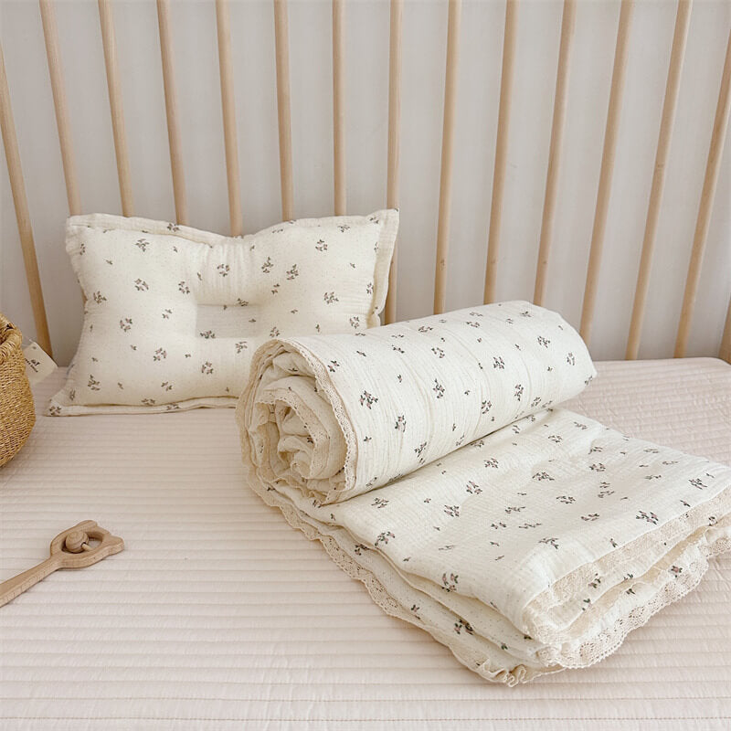 Primrose Floral Baby Quilt – Cotton Muslin with Lace Trim