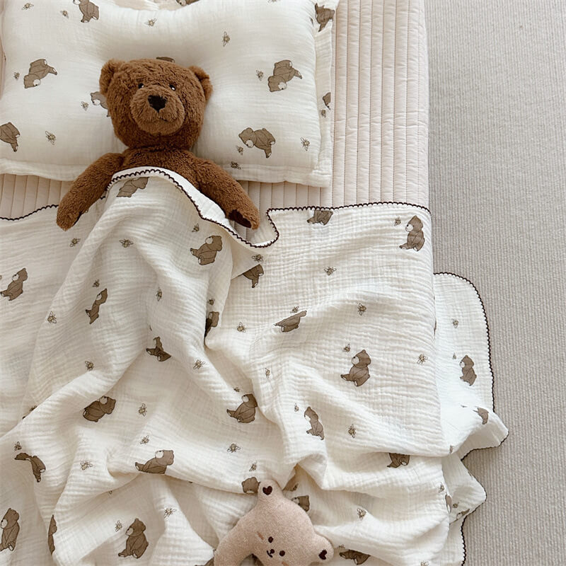 Cotton Muslin Baby Blanket Set – Animal Print Collection Blanket + Pillow Bear