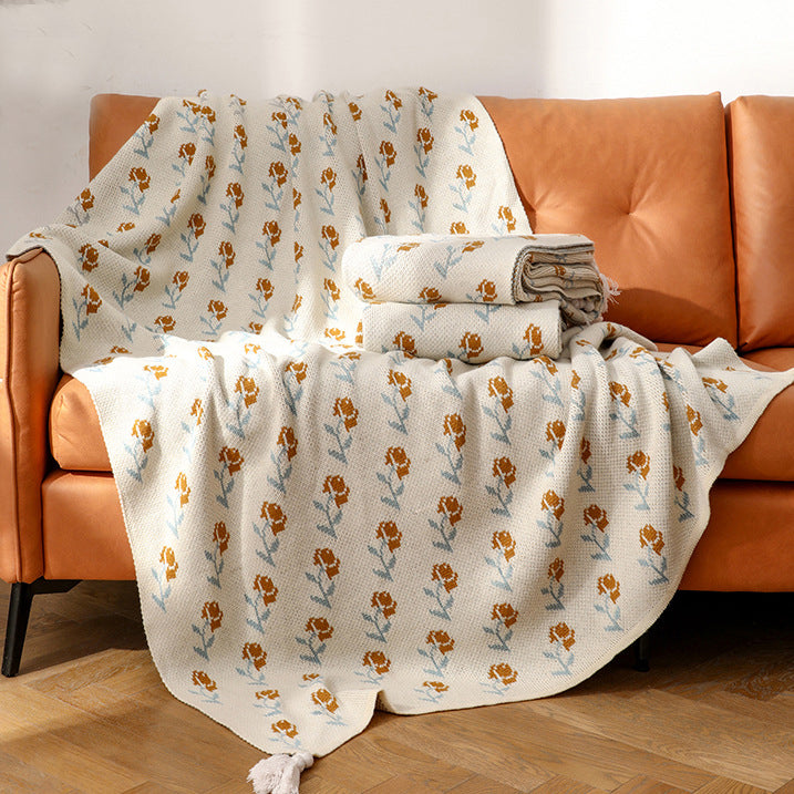 Knitted Throw Blanket – Mustard Rose Pattern with Tassels  51" x 67"