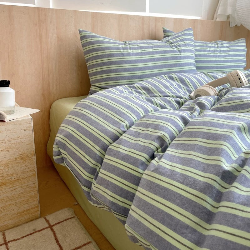 Sage Green Striped Duvet Cover Set