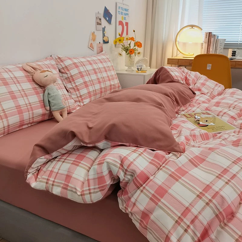 Gingham Plaid Duvet Cover Set Pink