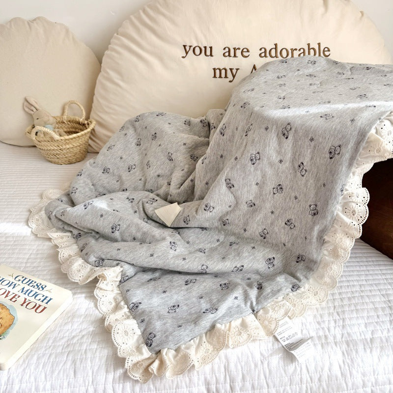 Grey Bear Baby Comforter – Cotton Jersey with Lace Trim