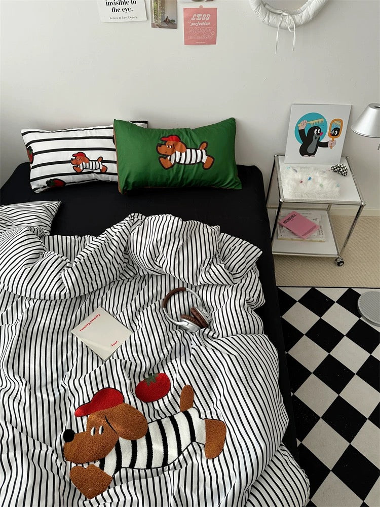 Cartoon Dog Embroidered Bedding Set Black