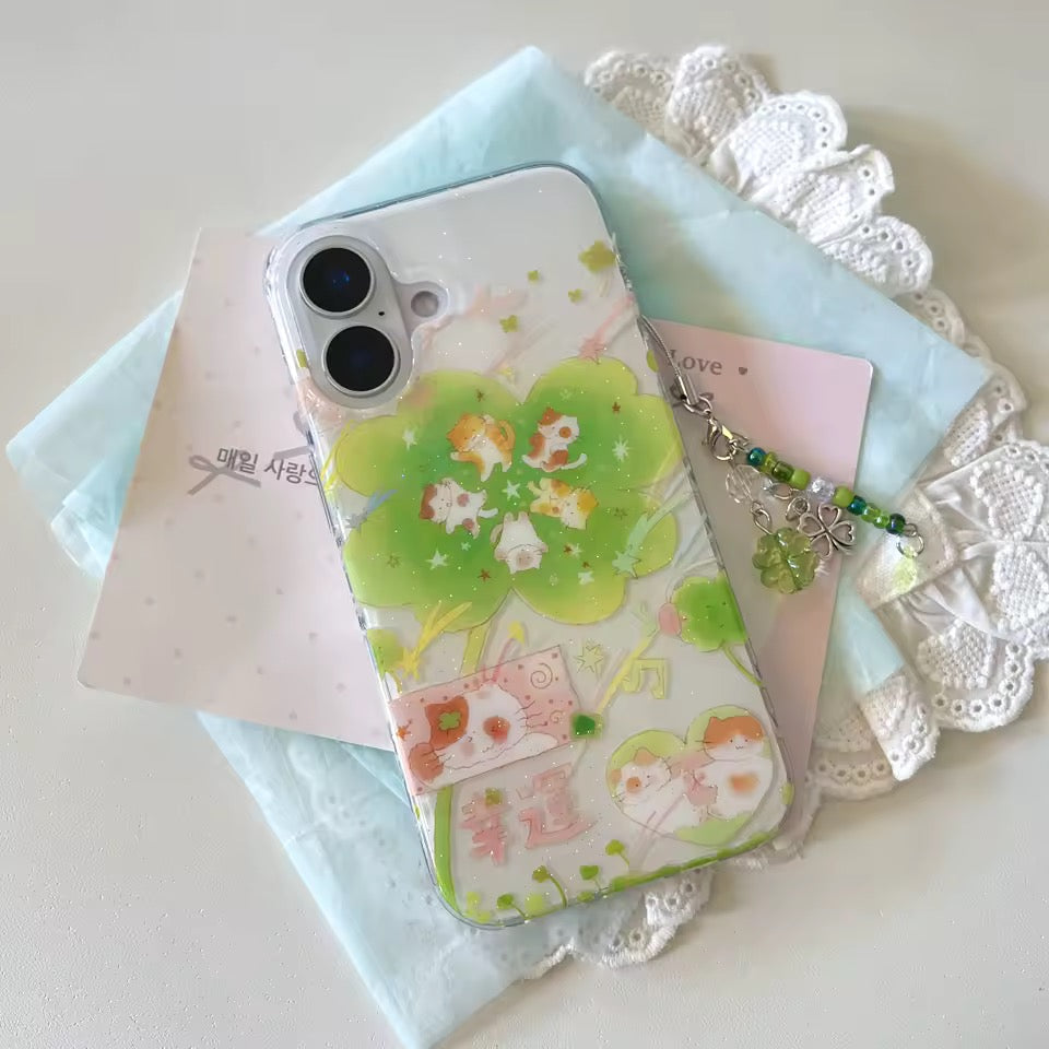 Lucky Cat Clover iPhone Case Case + Charm