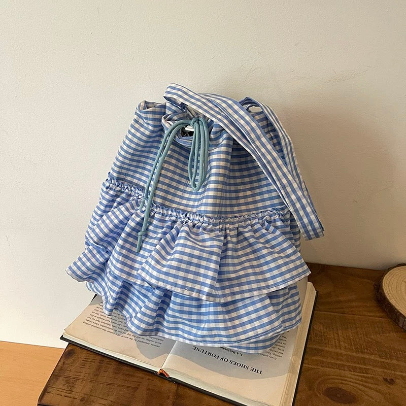 Ruffle Gingham Tote Bag Blue