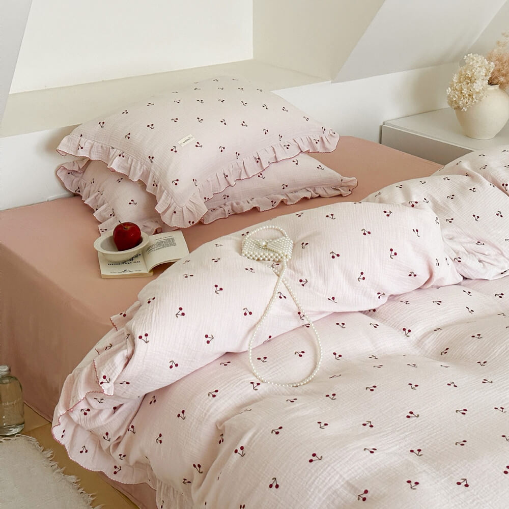 Cherry print duvet cover set - Teen ruffle bedding
