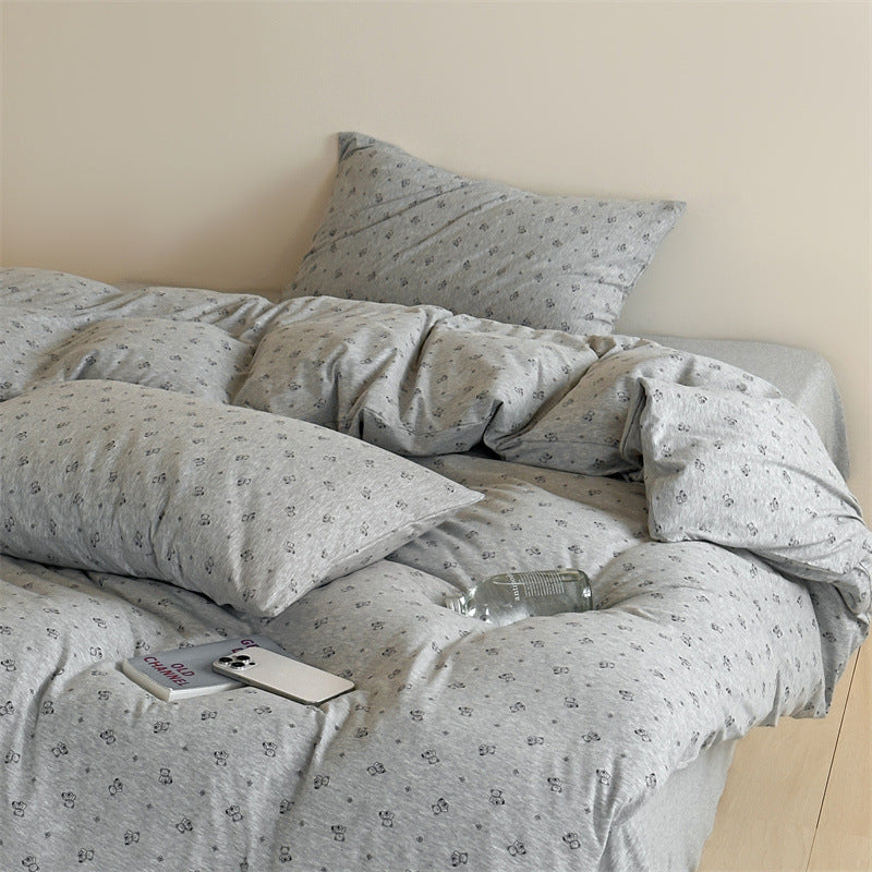 Knit Cotton Duvet Cover Set – Grey Bear Print Bedding