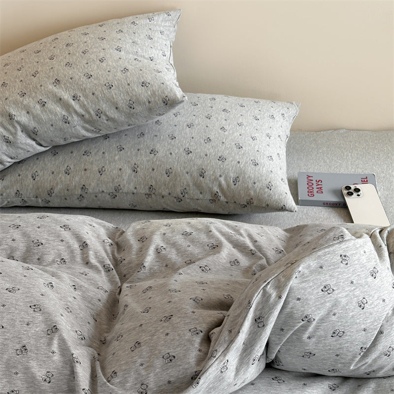 Knit Cotton Duvet Cover Set – Grey Bear Print Bedding