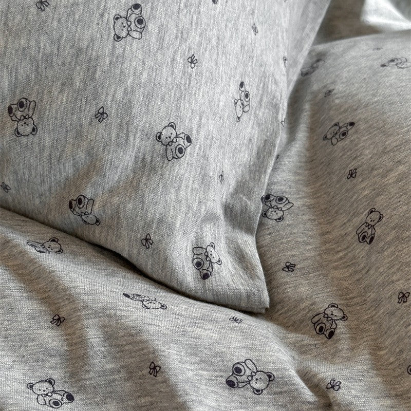 Knit Cotton Duvet Cover Set – Grey Bear Print Bedding